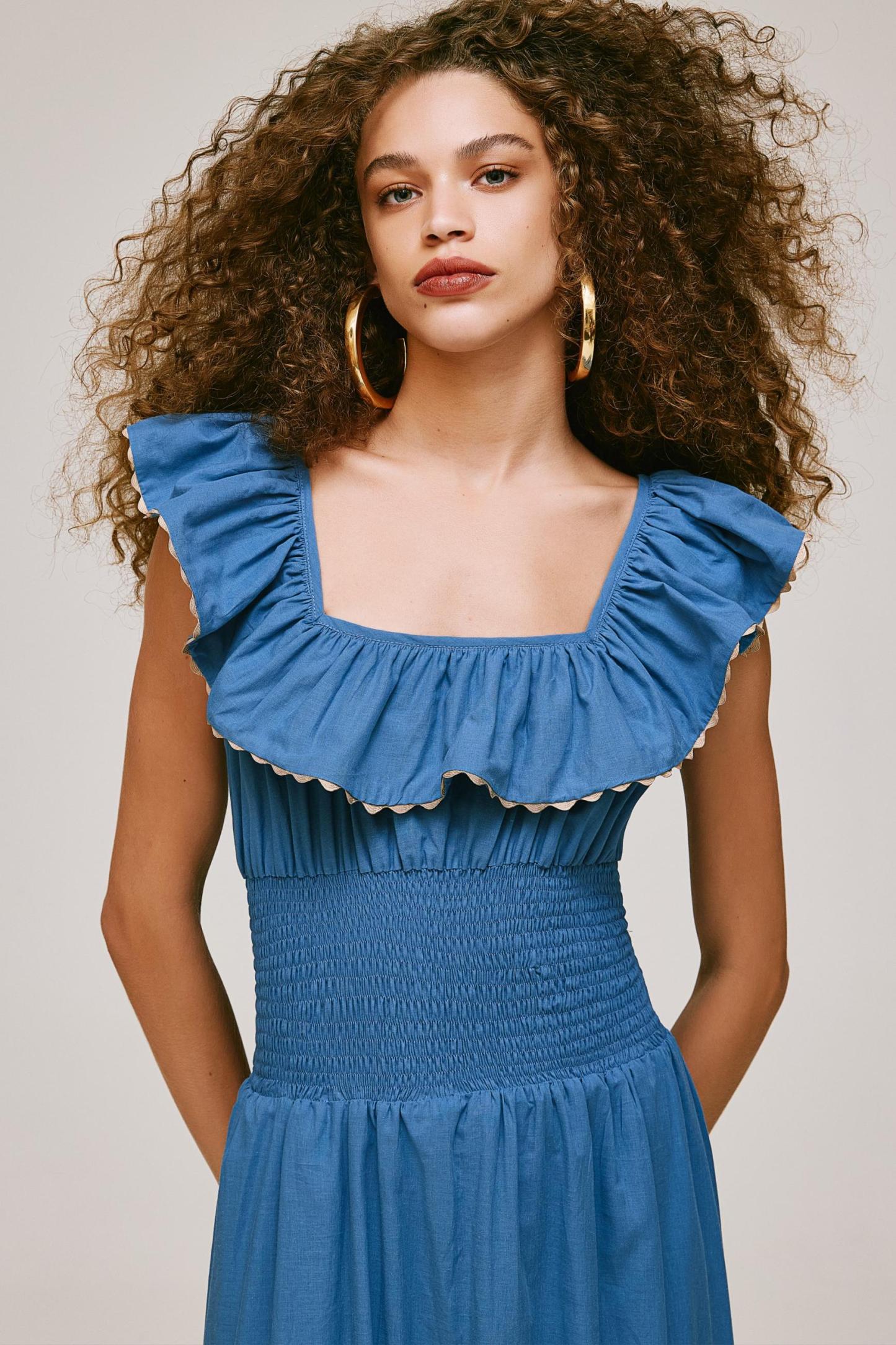 Square Collar Ruffle Smocking Maxi Dress