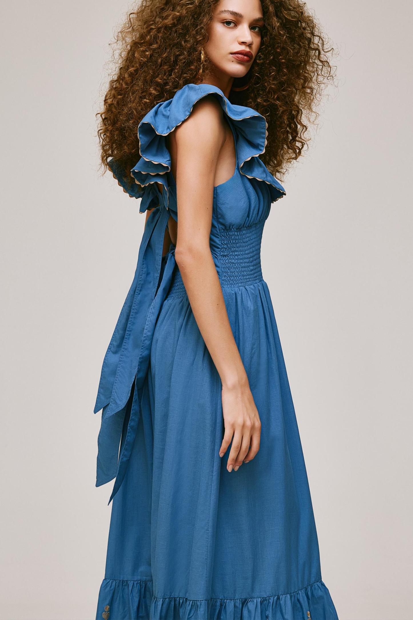 Square Collar Ruffle Smocking Maxi Dress