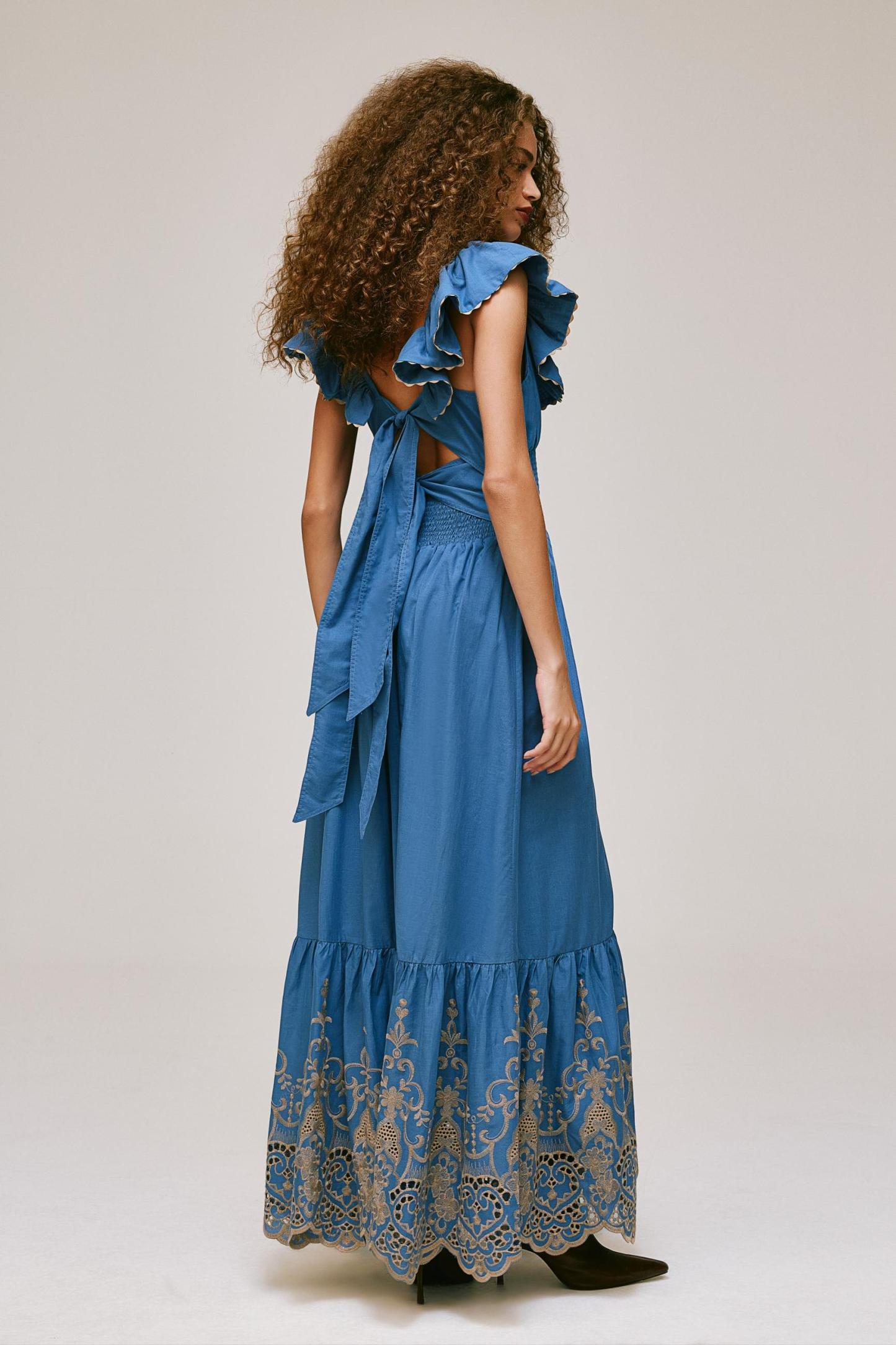 Square Collar Ruffle Smocking Maxi Dress