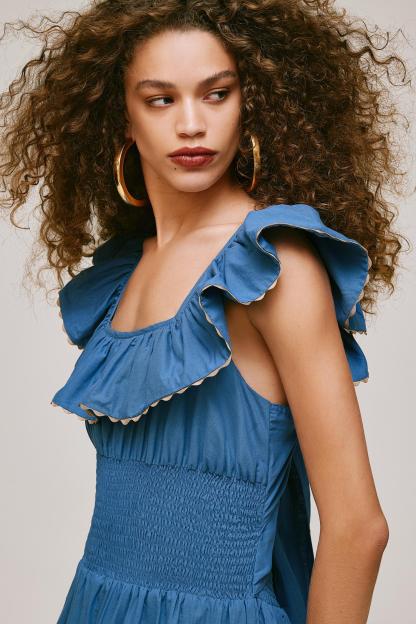 Square Collar Ruffle Smocking Maxi Dress