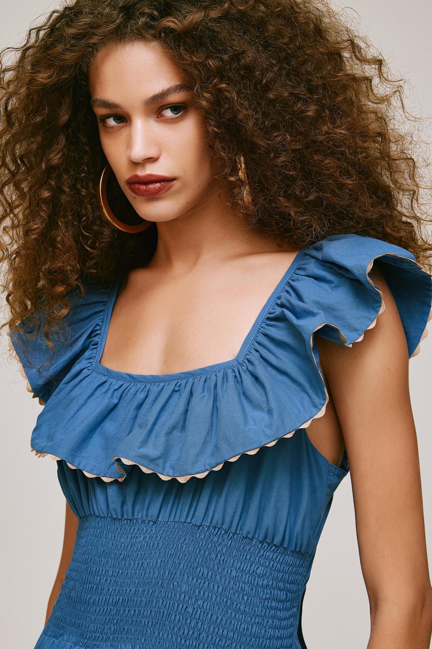 Square Collar Ruffle Smocking Maxi Dress