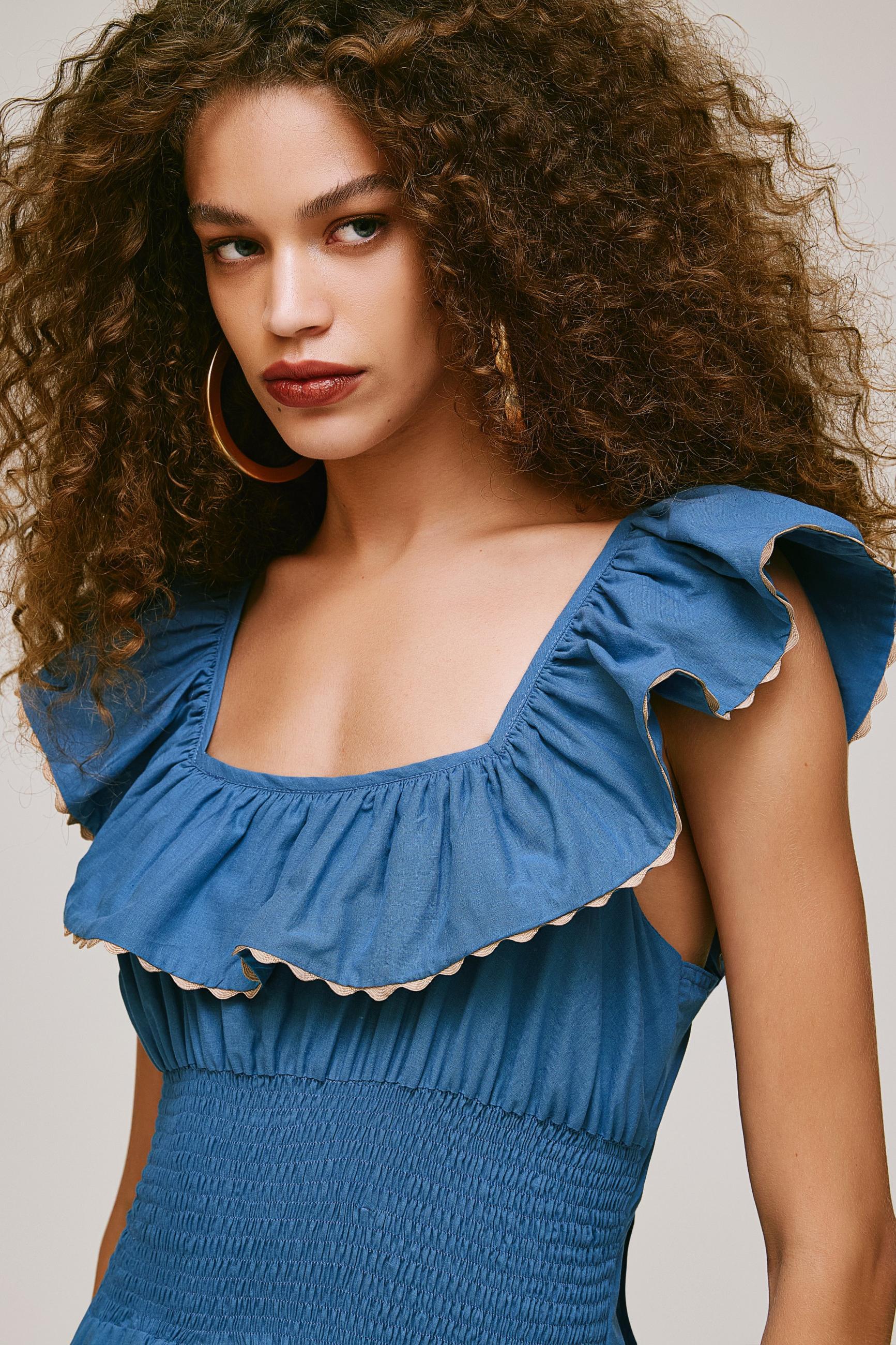 Square Collar Ruffle Smocking Maxi Dress