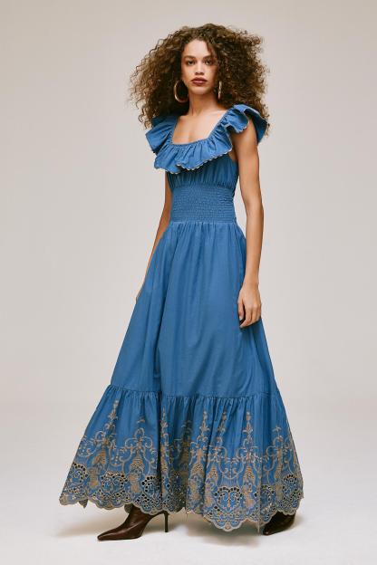 Square Collar Ruffle Smocking Maxi Dress