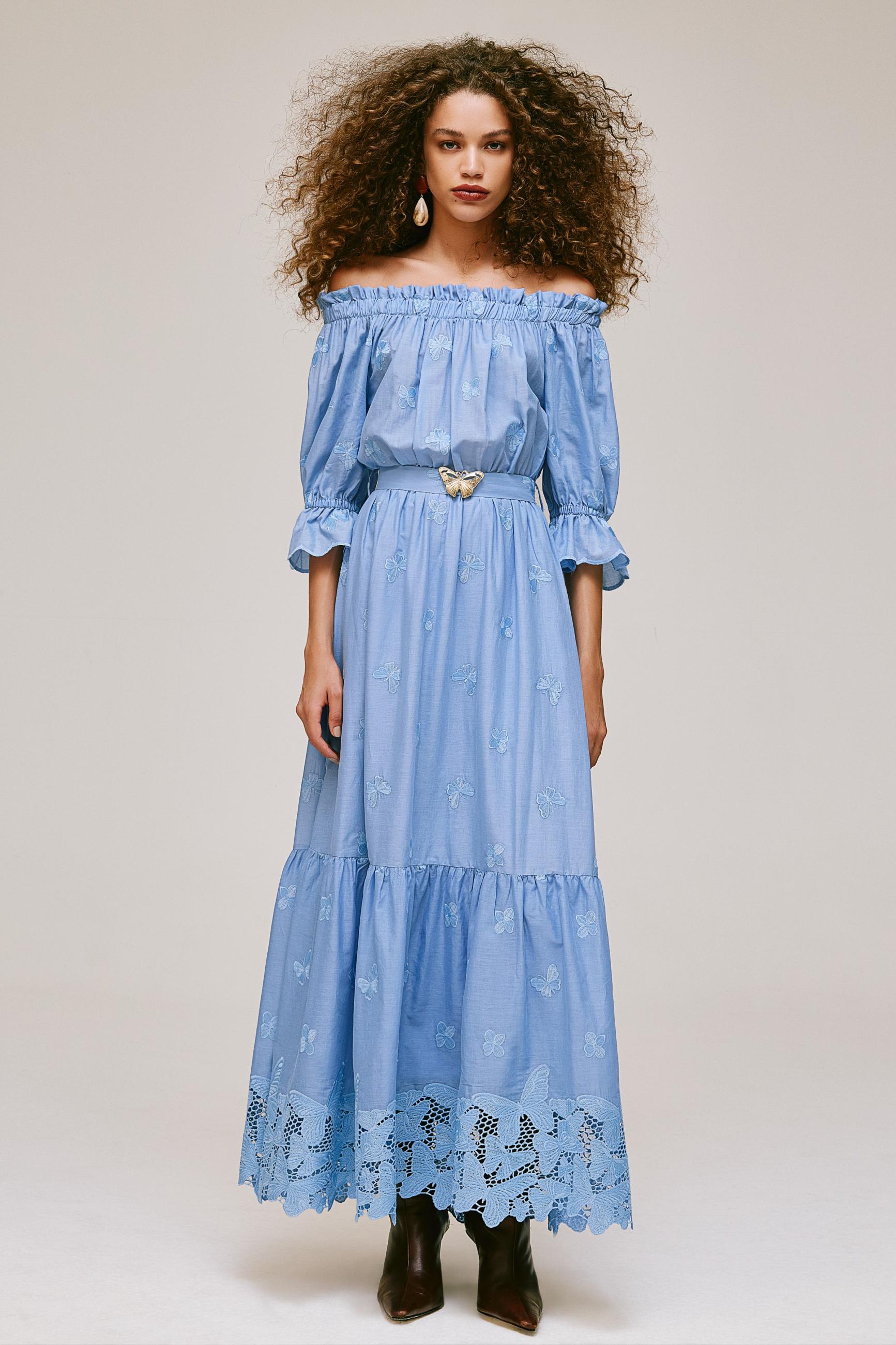 Butterfly Embroidered Off-Shoulder Lace Maxi Dress