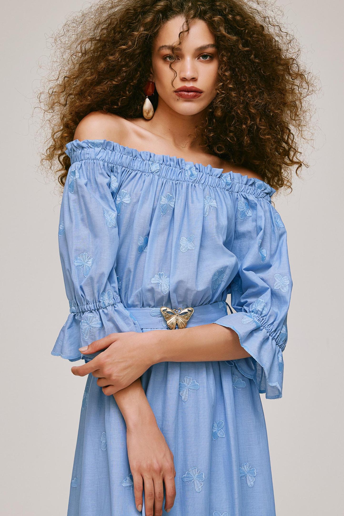 Butterfly Embroidered Off-Shoulder Lace Maxi Dress