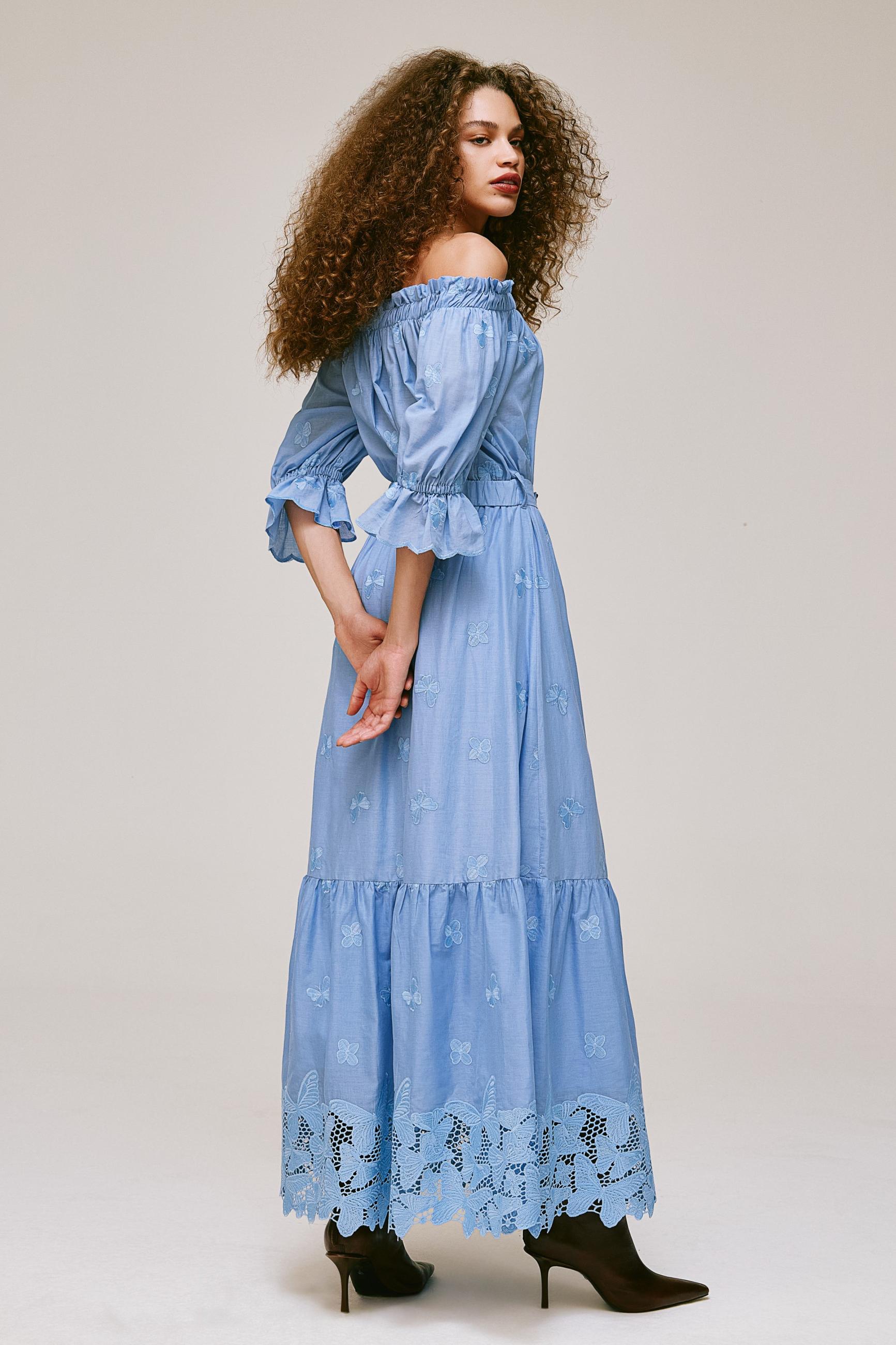 Butterfly Embroidered Off-Shoulder Lace Maxi Dress