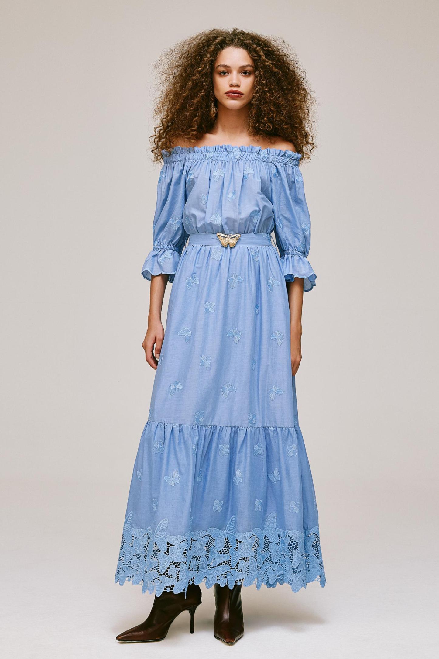 Butterfly Embroidered Off-Shoulder Lace Maxi Dress