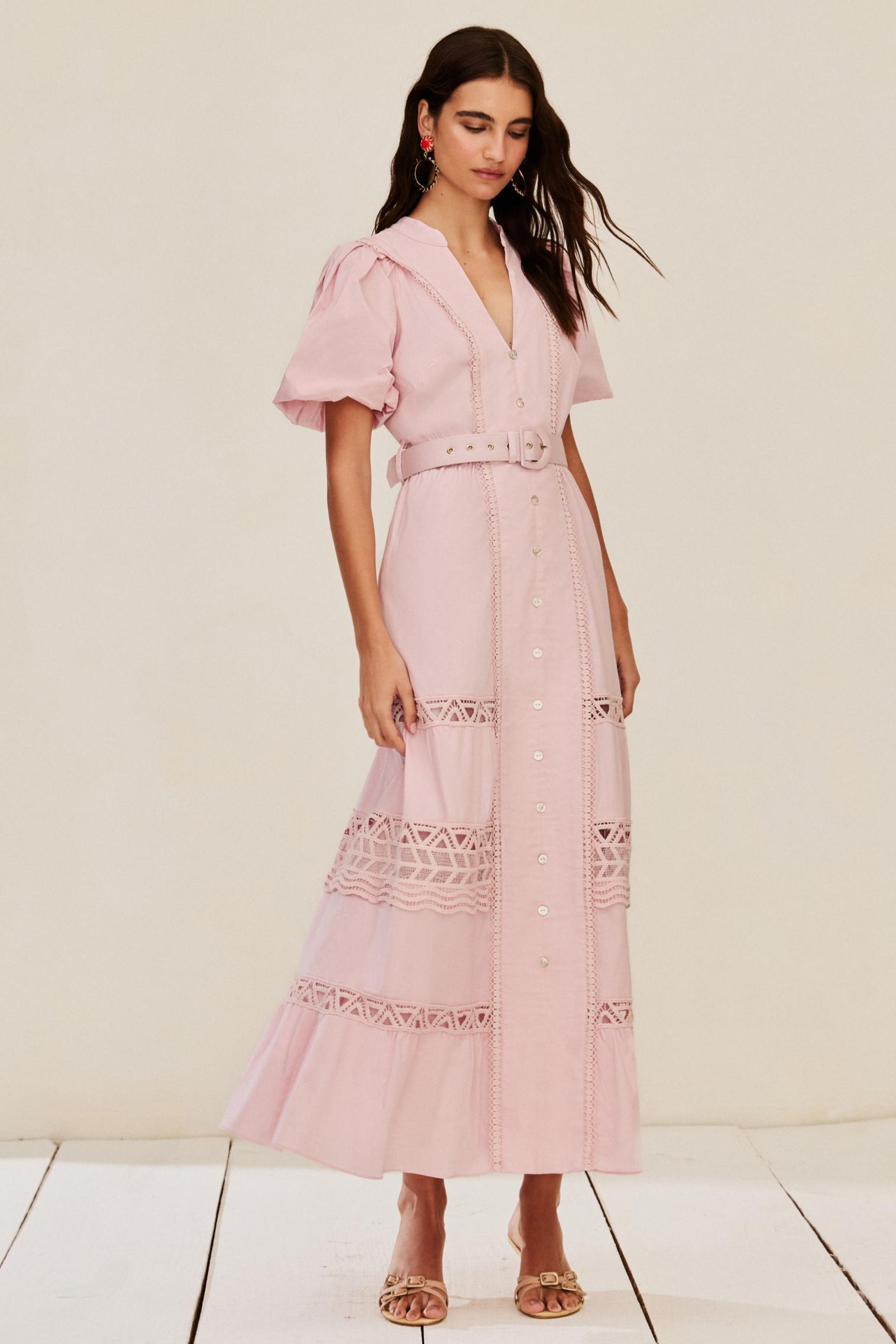 Lace Puff Sleeve Midi Dress With Belt