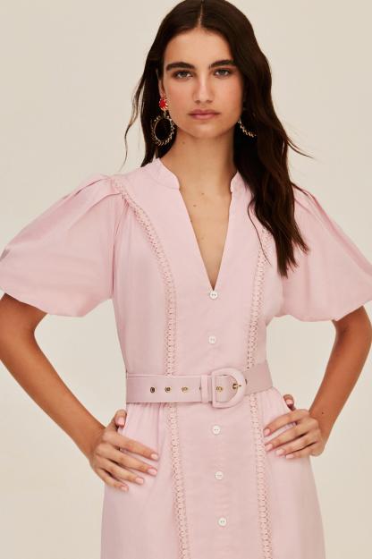 Lace Puff Sleeve Midi Dress With Belt