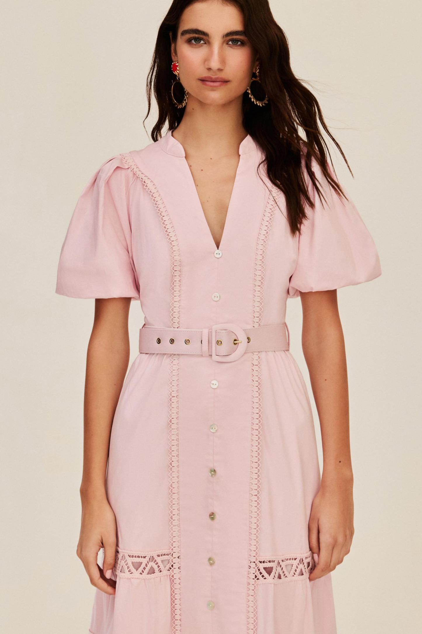 Lace Puff Sleeve Midi Dress With Belt