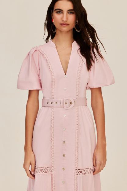 Lace Puff Sleeve Midi Dress With Belt