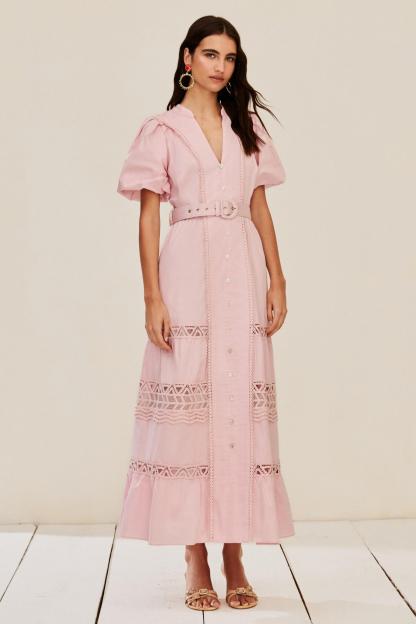 Lace Puff Sleeve Midi Dress With Belt