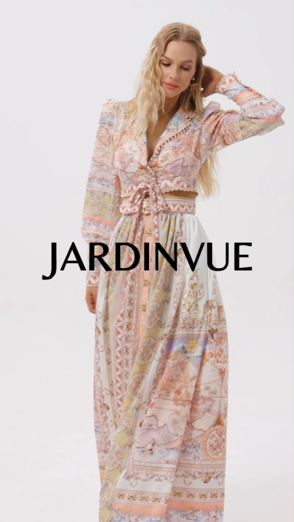 Map Print Lace Puff Sleeve Mini Top ＆ High Waist Maxi Skirt Set