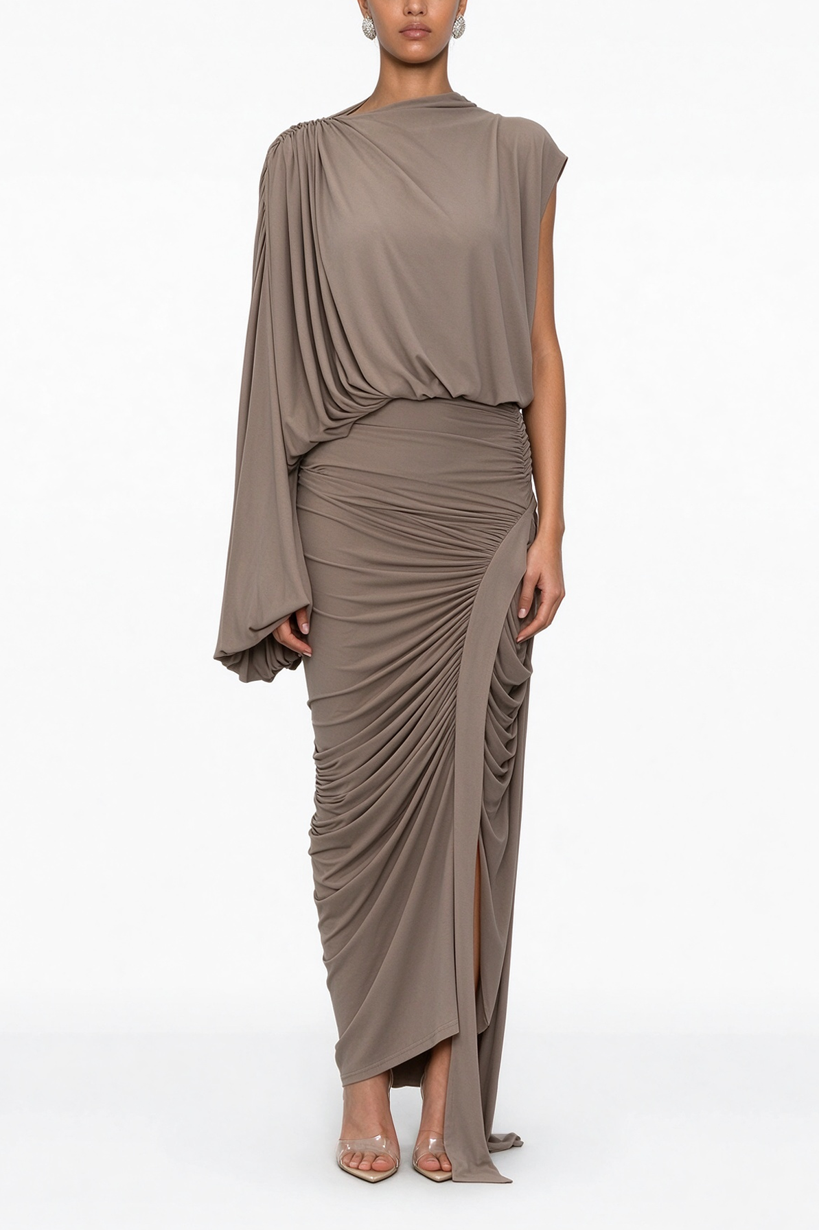 Jersey Gathering Asymmetrical Sleeve Midi Dress