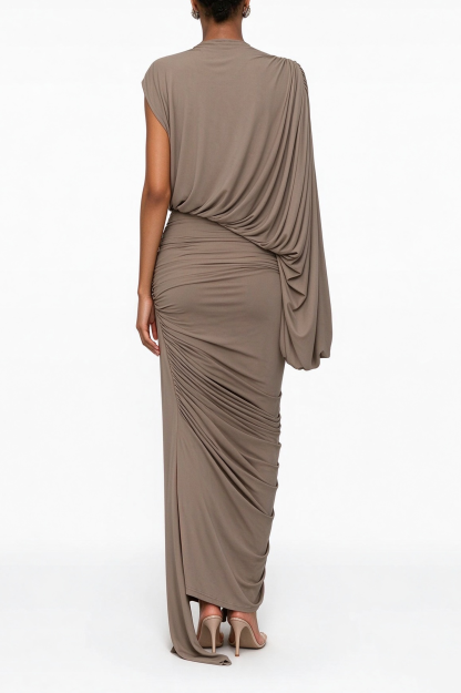 Jersey Gathering Asymmetrical Sleeve Midi Dress