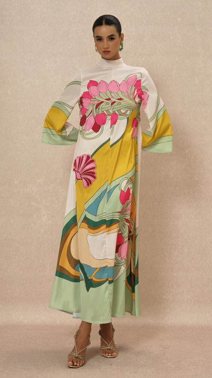 Satin Paisley Print  Bell Sleeve Midi Dress