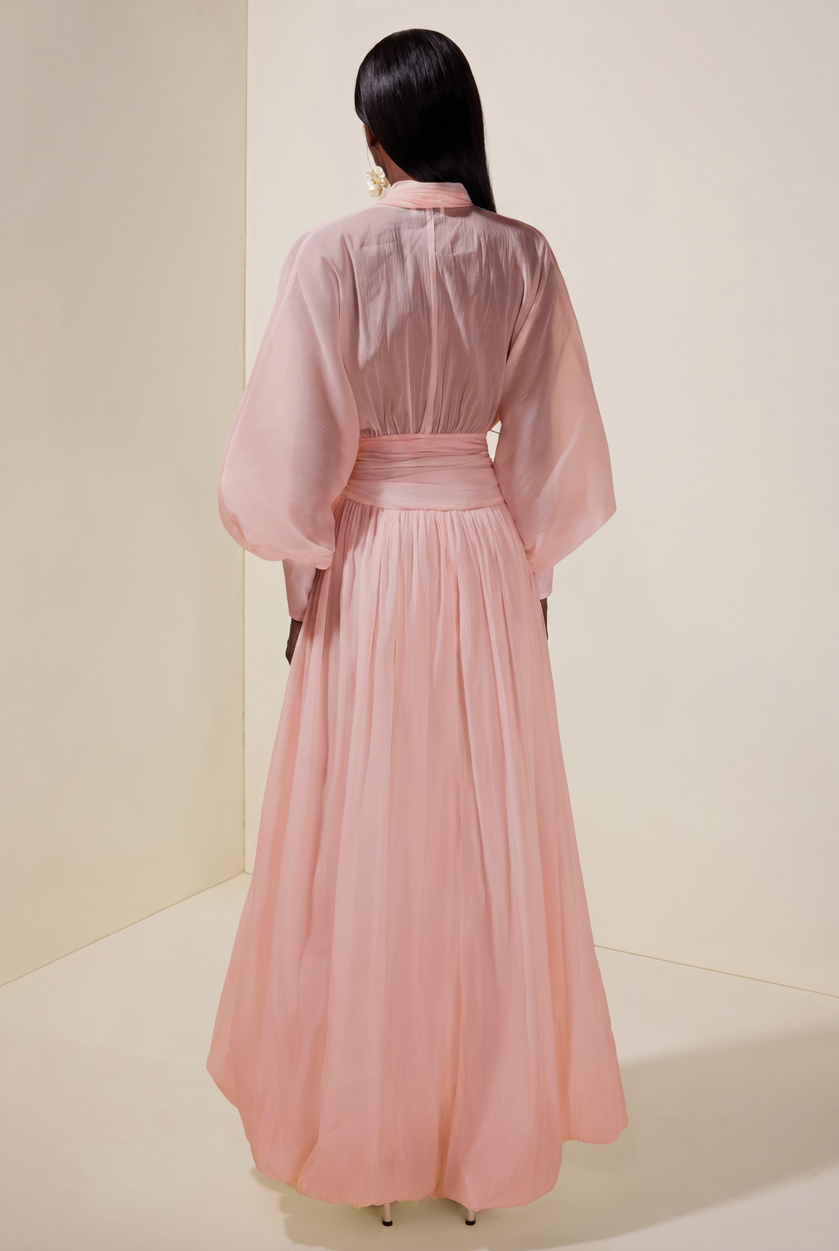 Chiffon V-Neck Lantern Sleeve Puff Midi Dress