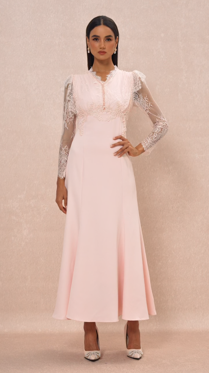 Lace V-Neck Nail Bead Embroidery Midi Dress