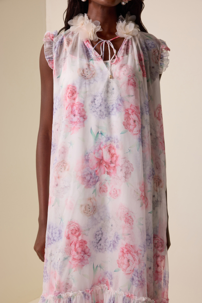 Floral Ruffle Lace-Up Midi Dress