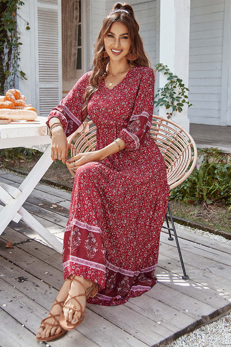 Boho Print Puff Sleeve Loose Maxi Dress