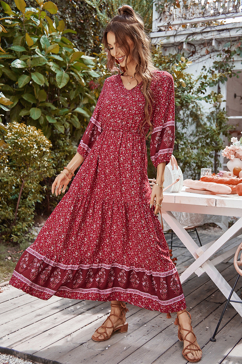 Boho Print Puff Sleeve Loose Maxi Dress JardinVue Boho Print Puff Sleeve Loose Maxi Dress JardinVue