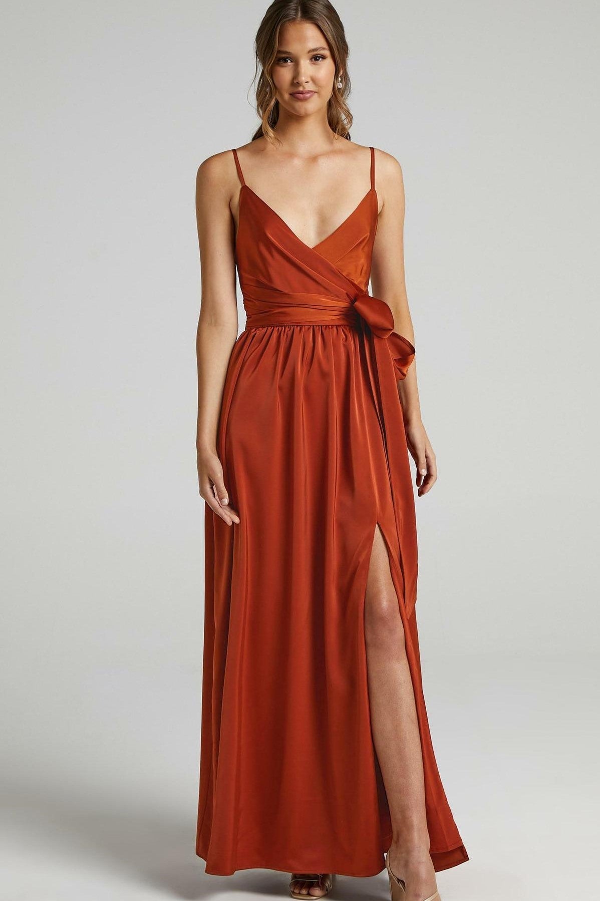 Cami V-Neck Wrapover Pleated Lace Up Slit Maxi Dress Red