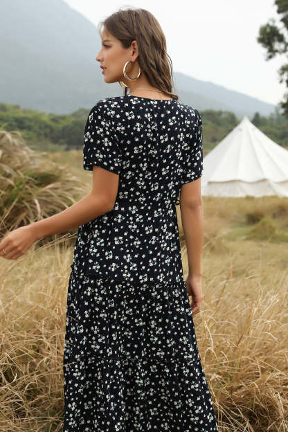Cotton Ruffle Floral Bohemian Dress Blue