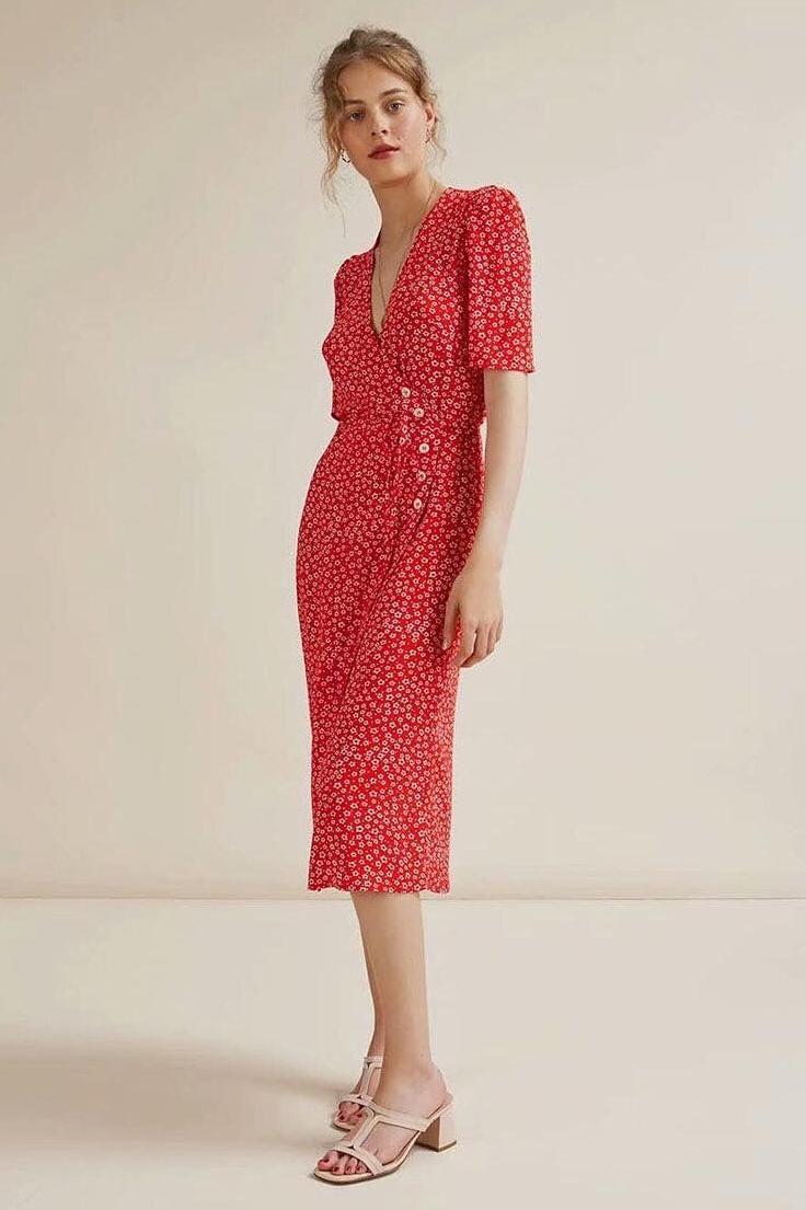 Floral Short Sleeve V-Neck Midi Dress