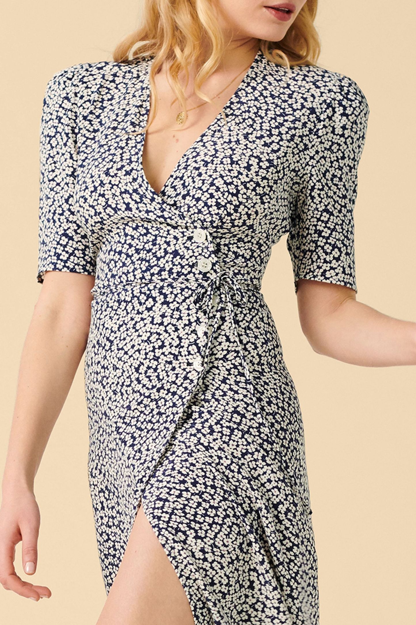 Floral Short Sleeve V-Neck Midi Dress Blue