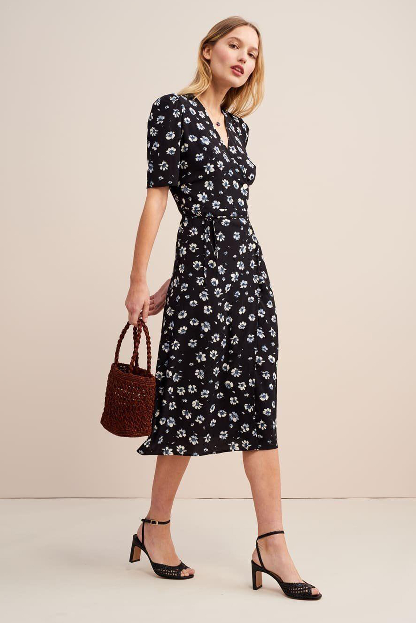 Floral Mid Sleeve V-Neck Midi Dress Blue
