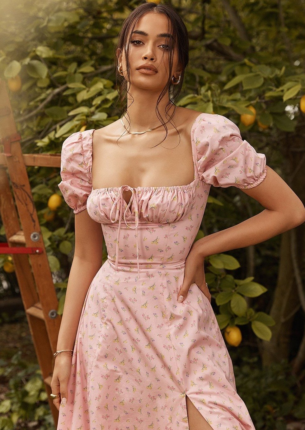 Puff Sleeve Slit Print Midi Dress