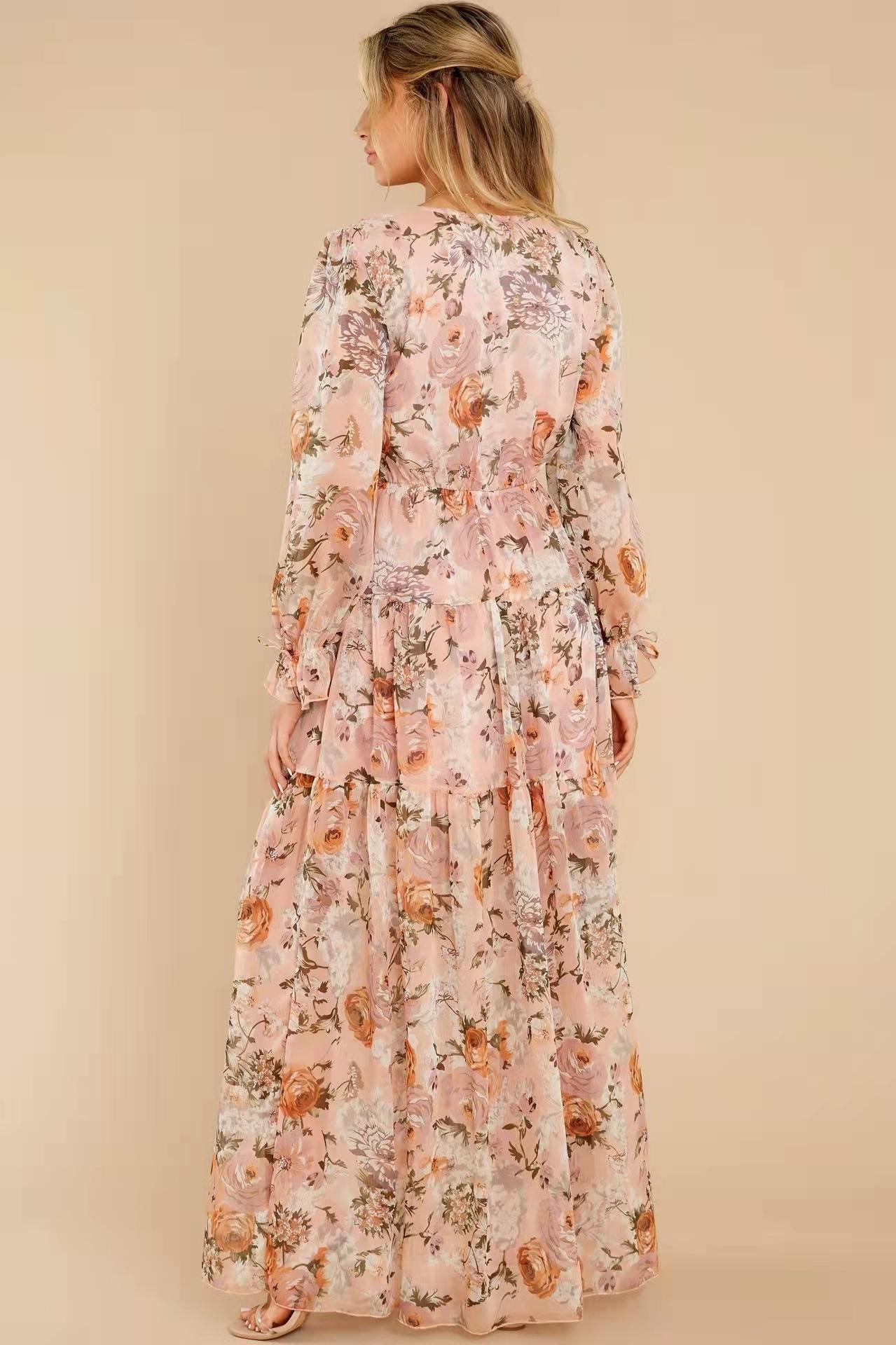 Floral Puff Sleeve V-Neck Ruffle Hem Maxi Dress White