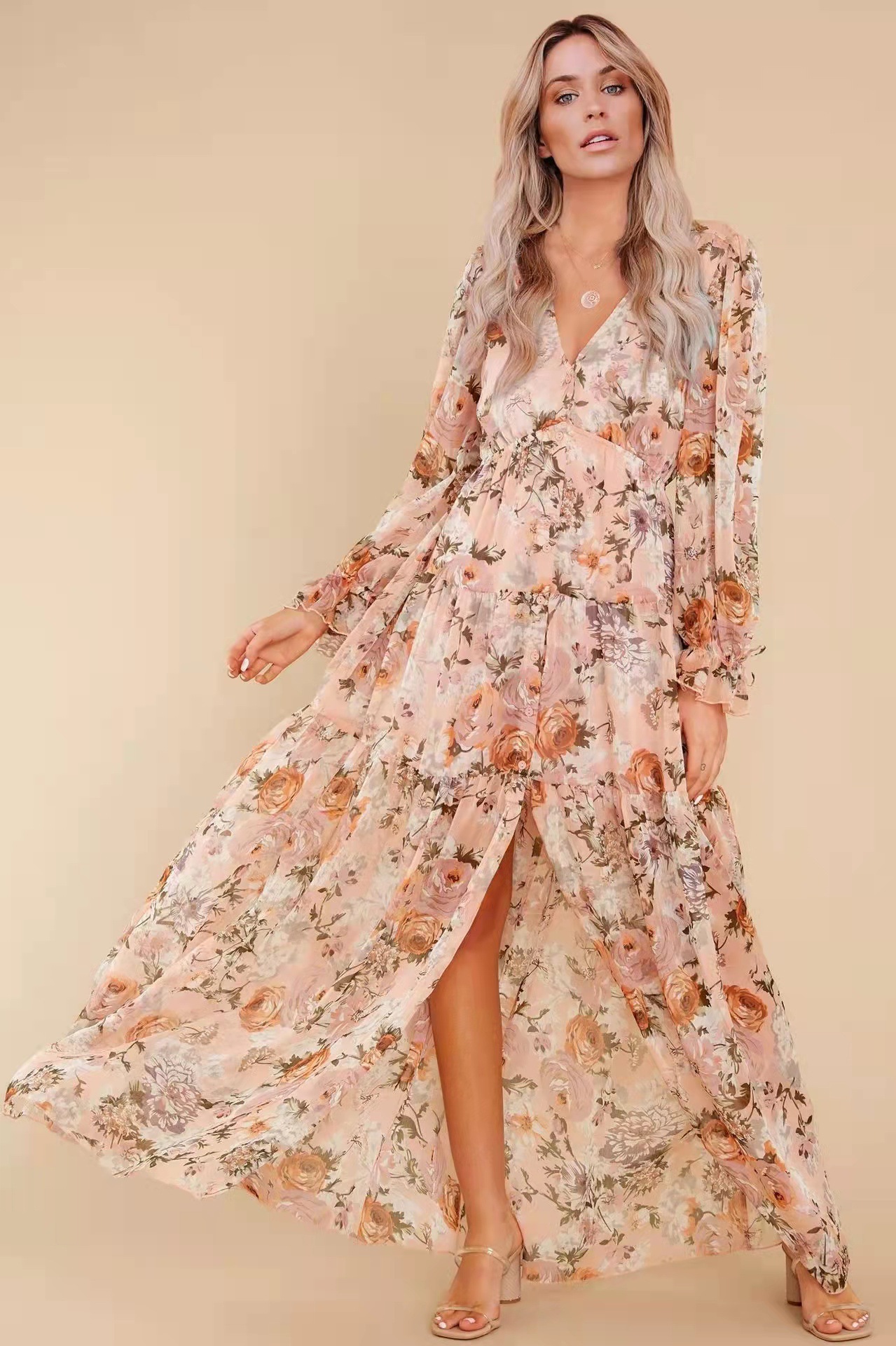 Floral Puff Sleeve V-Neck Ruffle Hem Maxi Dress White