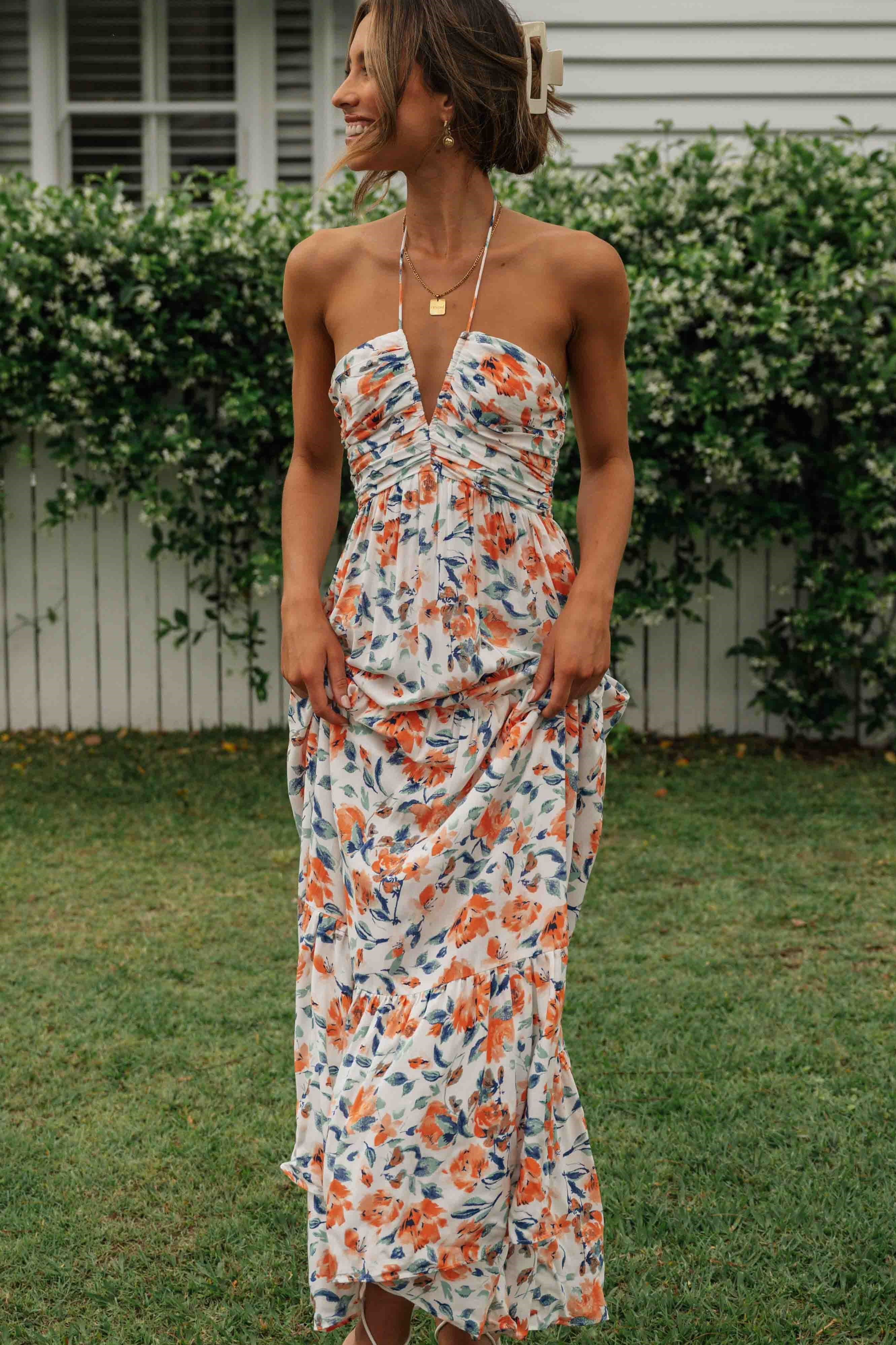 Floral V Neck Backless Maxi Dress JardinVue