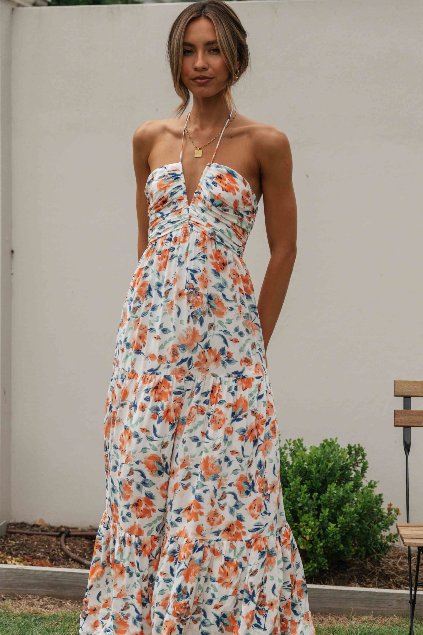 Floral deep v neck backless maxi dress hotsell