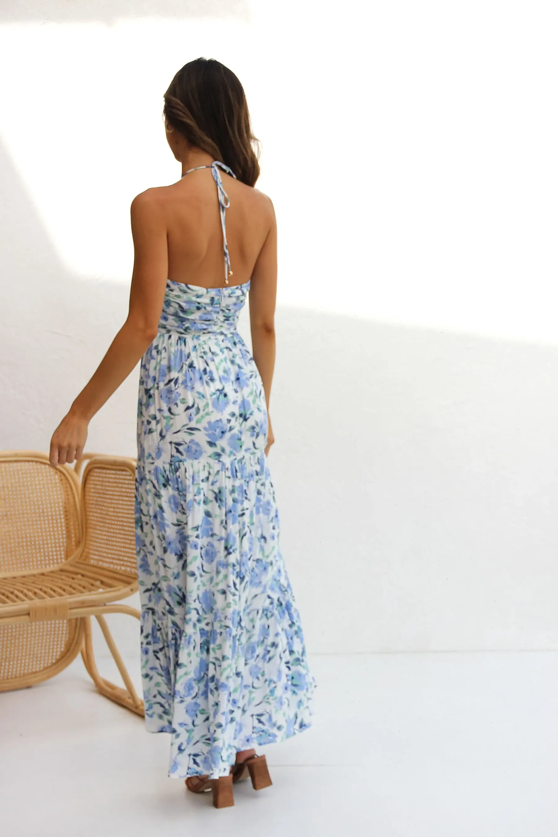 Floral V-Neck Backless Maxi Dress Blue