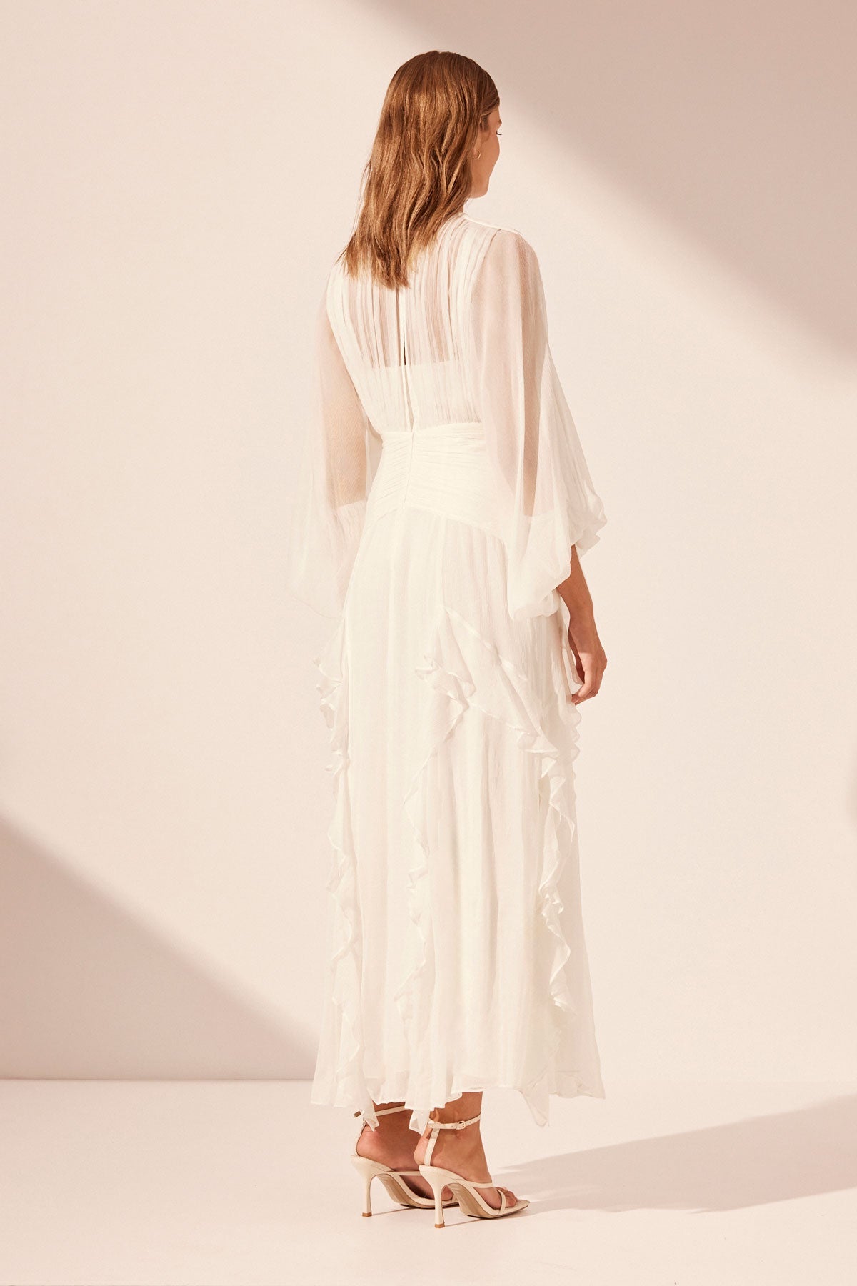 Solid Ruched Lantern Sleeve Maxi Dress