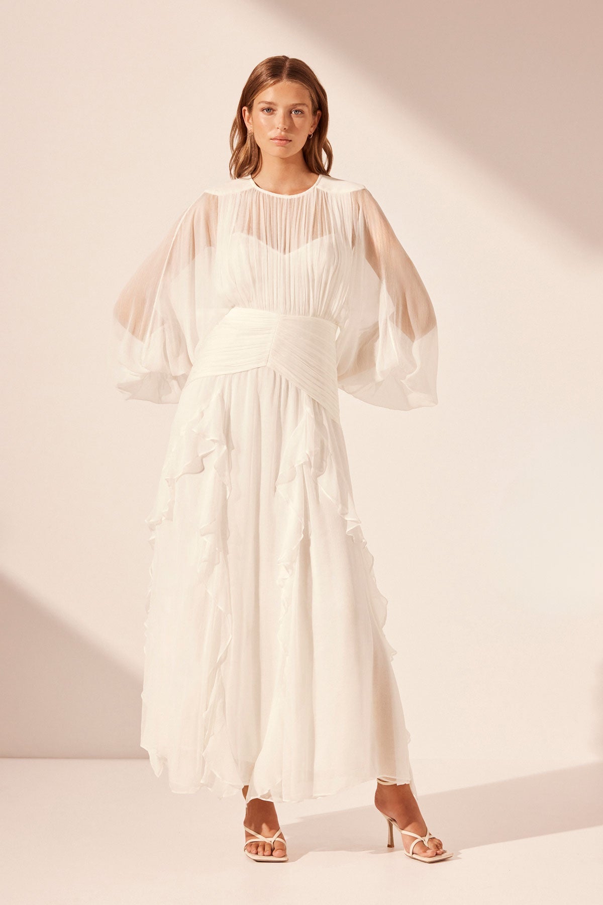 Solid Ruched Lantern Sleeve Maxi Dress