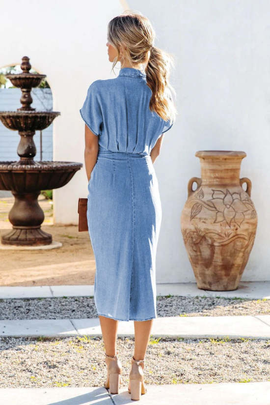 Denim Suit Collar Buttoned Lace Up Midi Dress jardinvue