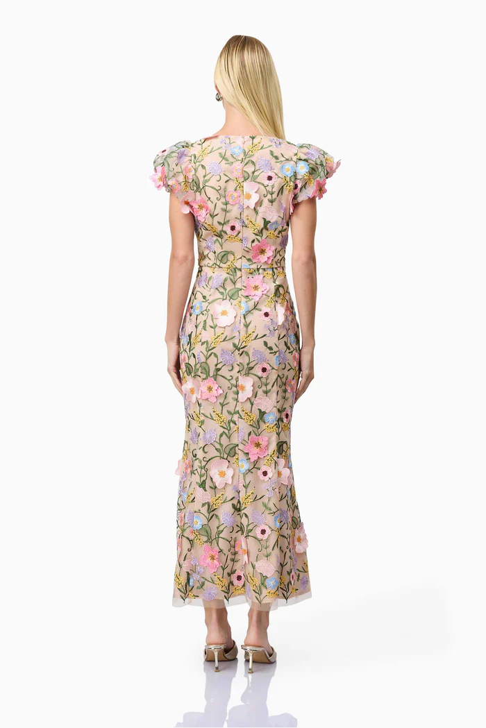 Embroidered Square Collar Puff Sleeve Midi Dress