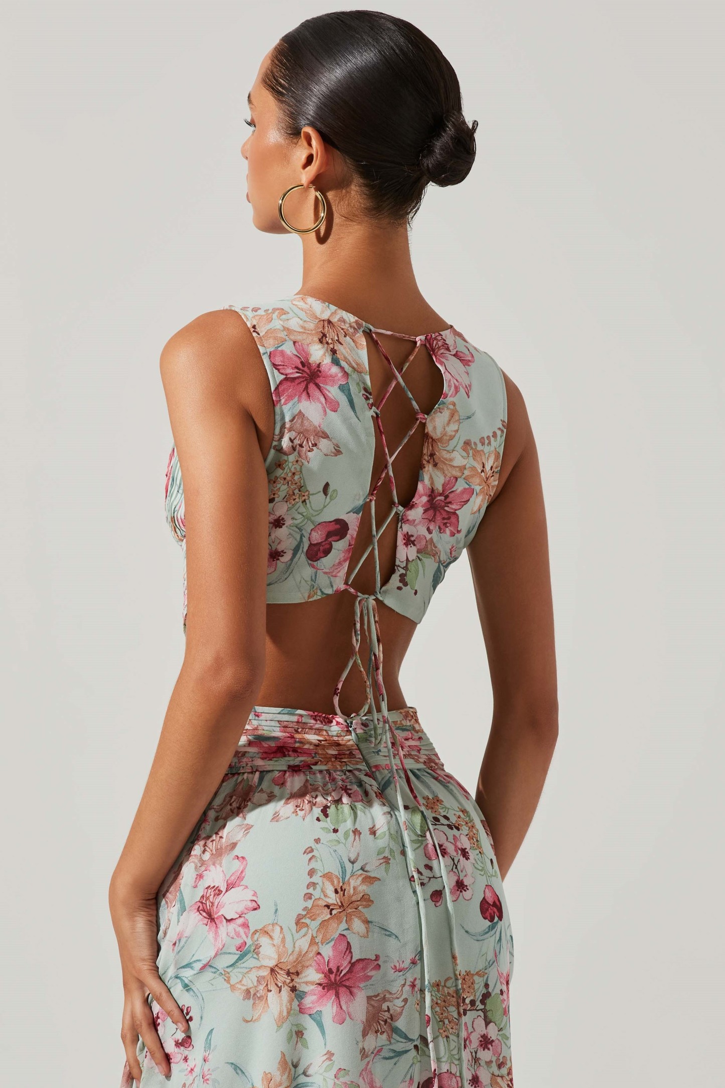 Floral V-Neck Pleated Cut-Out Ruffle Hem Maxi Dress