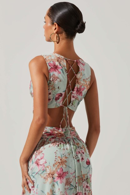 Floral V-Neck Pleated Cut-Out Ruffle Hem Maxi Dress