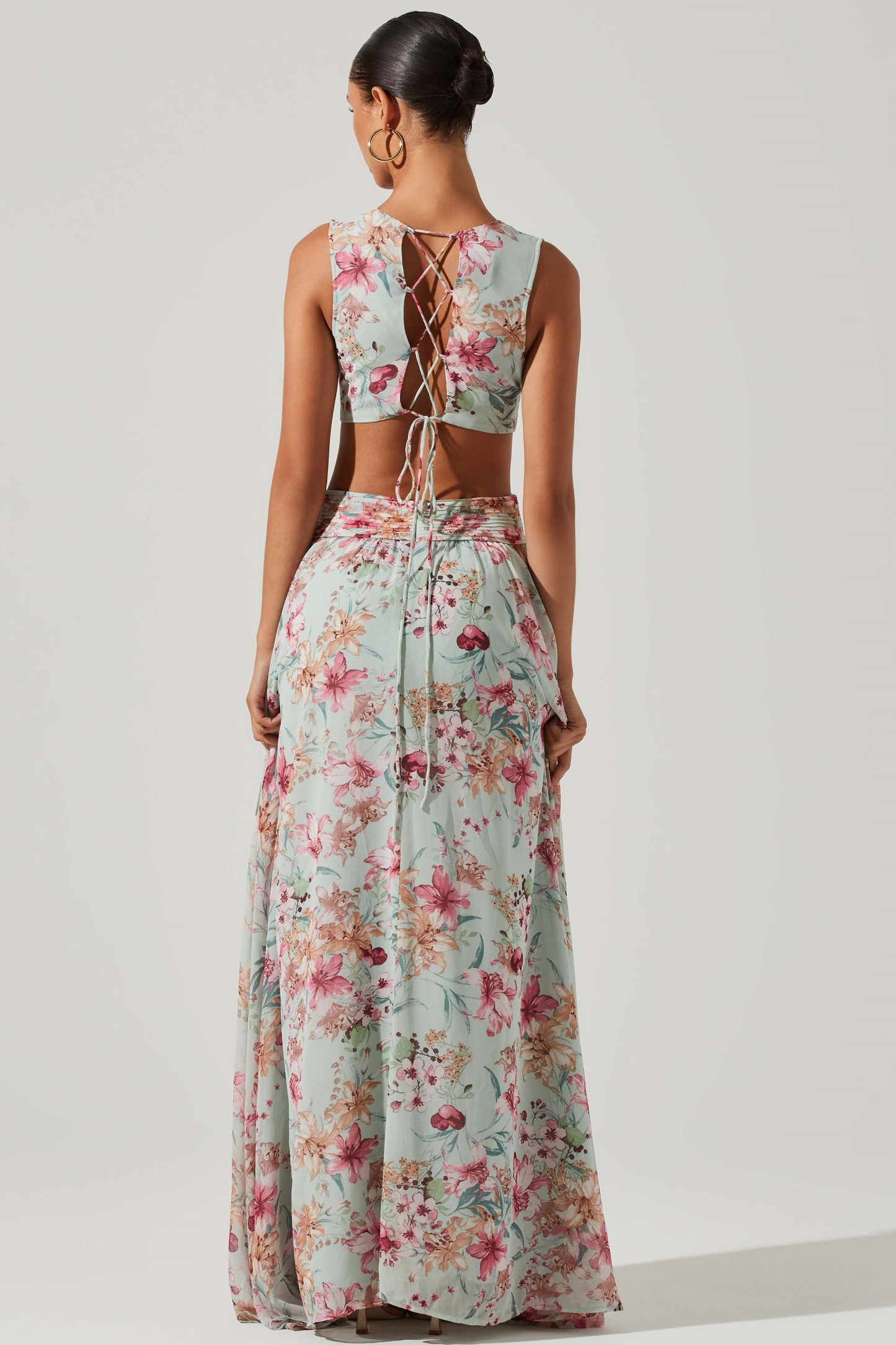 Floral V-Neck Pleated Cut-Out Ruffle Hem Maxi Dress