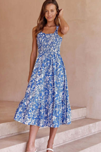 Floral Cami Lace Up Ruffle Mid Dress Blue