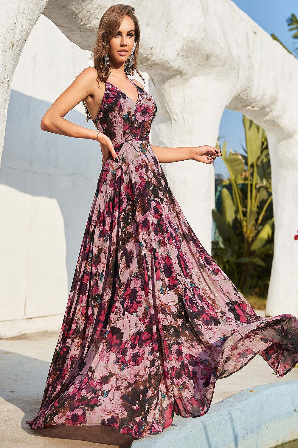 Floral Cami V-Neck Backless Maxi Dress – jardinvue