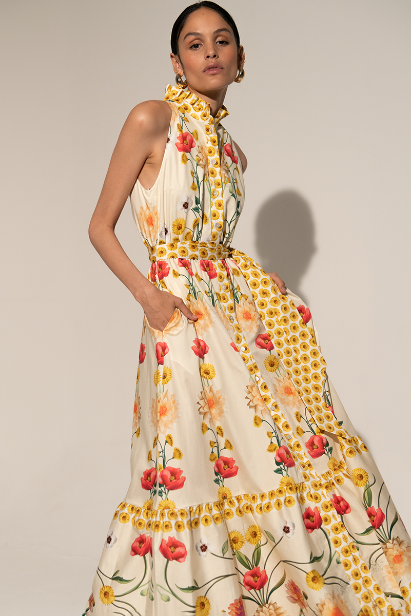 Half High Collar Bright Floral Print Dress main image 0