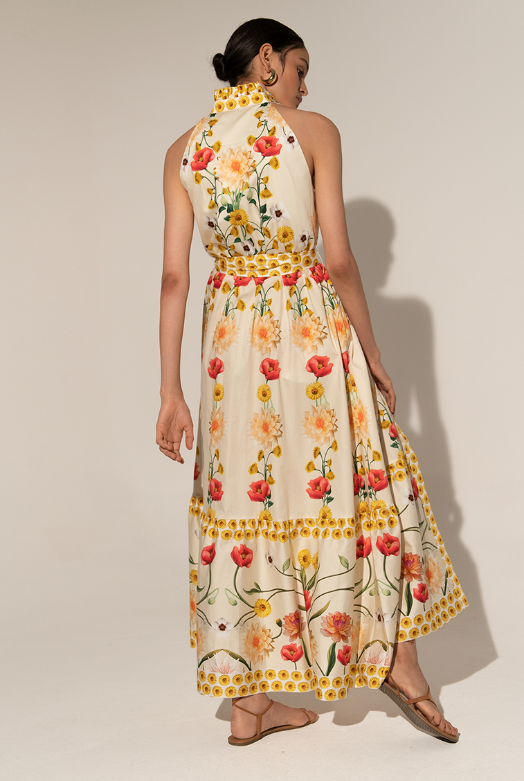 Floral Ruffle Collar Buttoned Long Sleeve Dress