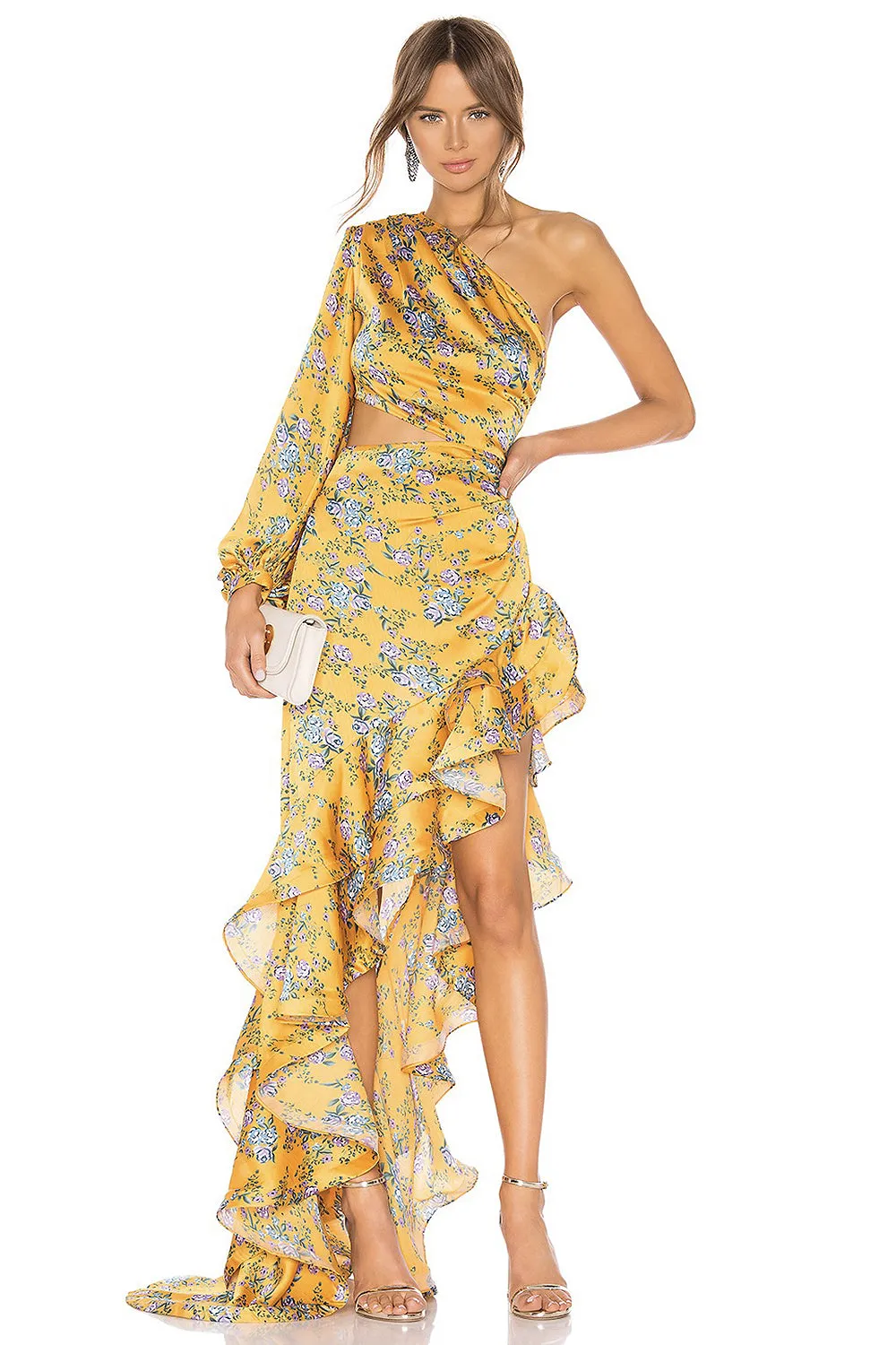 【freckle】ruffle long open dress in flower Floral Slanted Shoulder Long Sleeve Ruffle Irregular Maxi