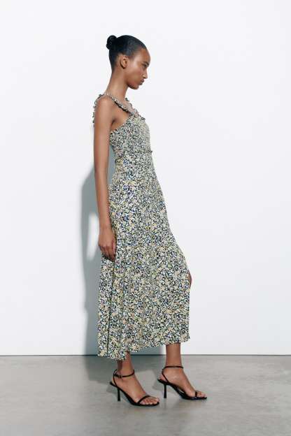Floral Cami Smocked Elastic Slit Midi Dress