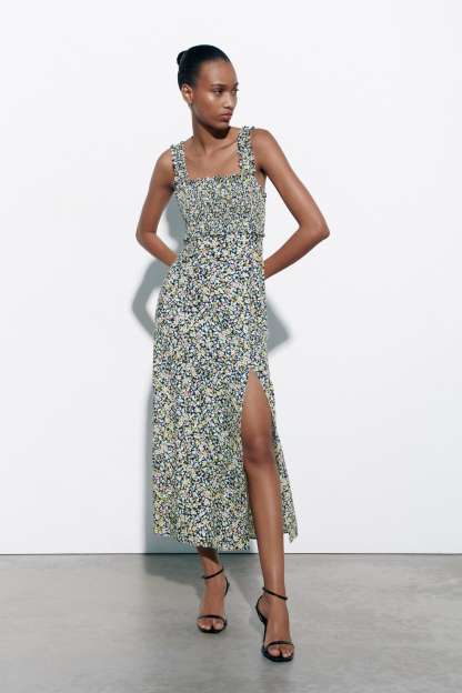 Floral Cami Smocked Elastic Slit Midi Dress